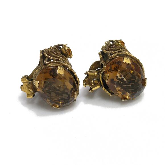Filigree Topaz Rhinestone Clip Earrings, Large Faceted Glass Bottom, 1960s - Picture 6 of 10